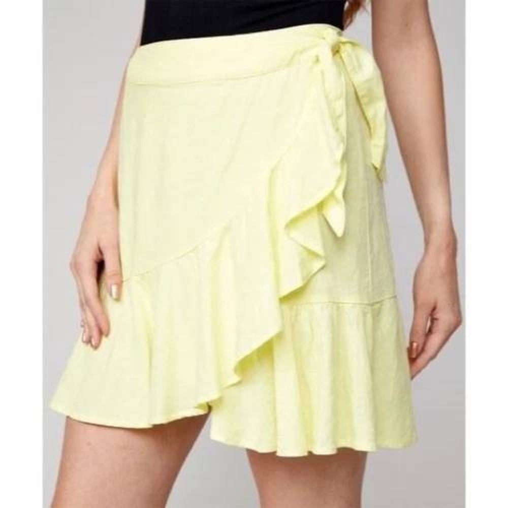 Free People Yellow Wrap Skirt Size 8 Ruffle Hem Linen Blend‎ Boho Summer Chic